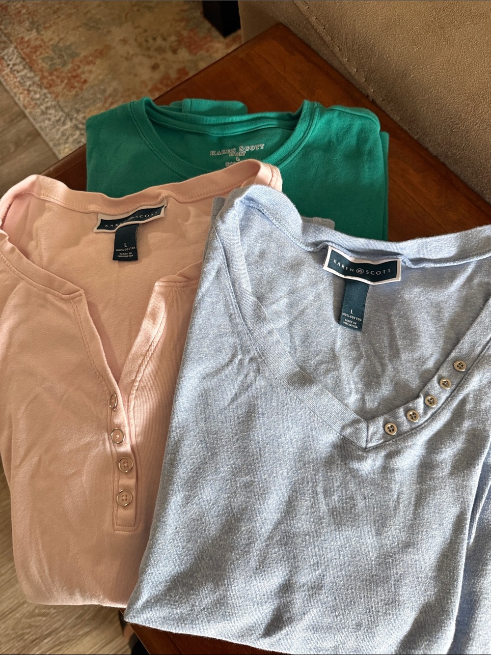 Karen Scott women’s 3-Pack Short Sleeve Tees in Pink, Light Blue & Green